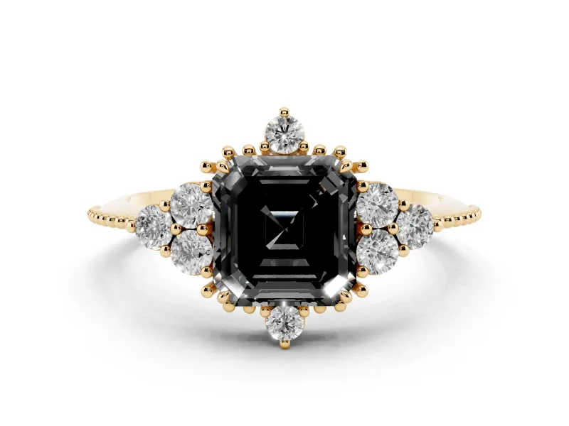 Fancy Black Asscher Cut Diamond Cluster Ring Set in Yellow gold with Beaded Band