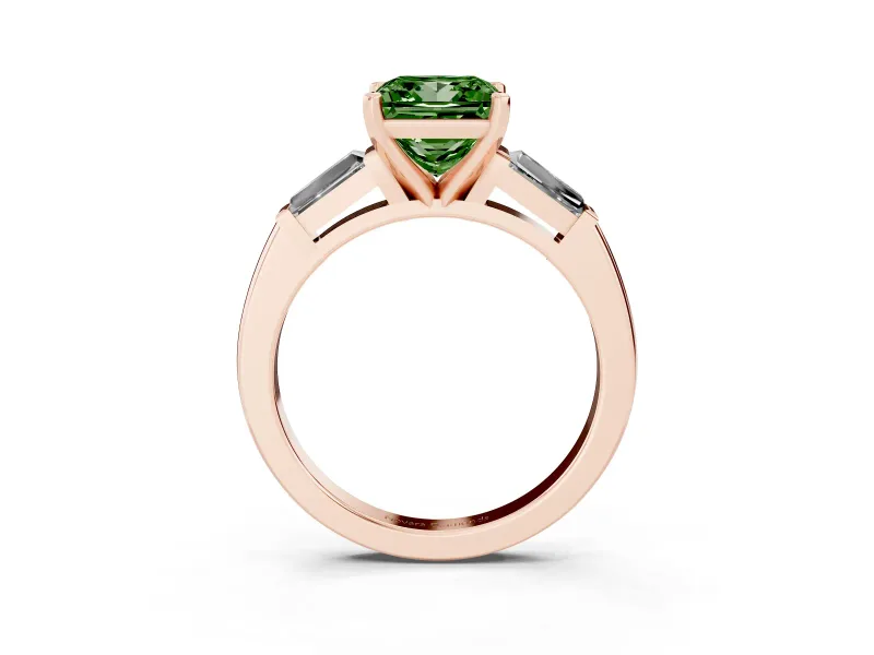 Fancy Green Princess Cut Diamond Solitaire Ring Set in Rose gold with Tapered Baguette Side Stones and Prong Setting