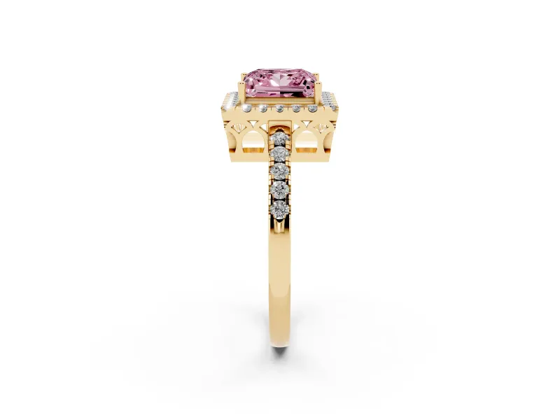 Princess Cut Halo Engagement Ring Setting for a Fancy Pink Lab-Grown Diamond | Shared Prong Pavé Band | Yellow Gold
