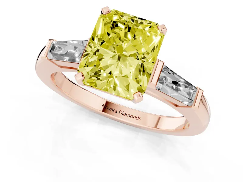 Radiant Cut Three Stone Engagement Ring Setting for a Fancy Yellow Lab-Grown Diamond | Tapered Baguettes | Rose Gold