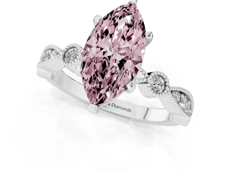 Fancy Pink Marquise Cut Diamond Solitaire Engagement Ring Set in Silver with Milgrain Bezel Accent Band