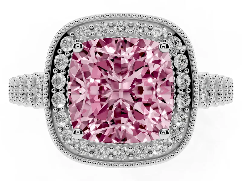 Cushion Cut Graduated Milgrain Halo Engagement Ring Setting for a Fancy Pink Lab-Grown Diamond | Platinum