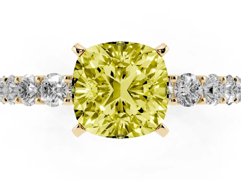 Cushion Cut Shared Prong Engagement Ring Setting for a Fancy Yellow Lab-Grown Diamond | Yellow Gold