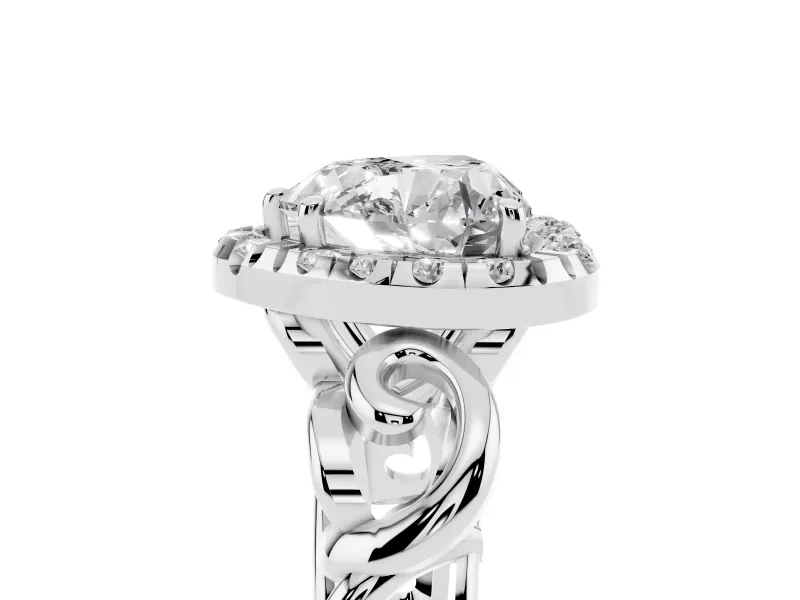 Heart Cut Diamond Halo Ring Set in Platinum with Scrollwork Band and Prong Setting