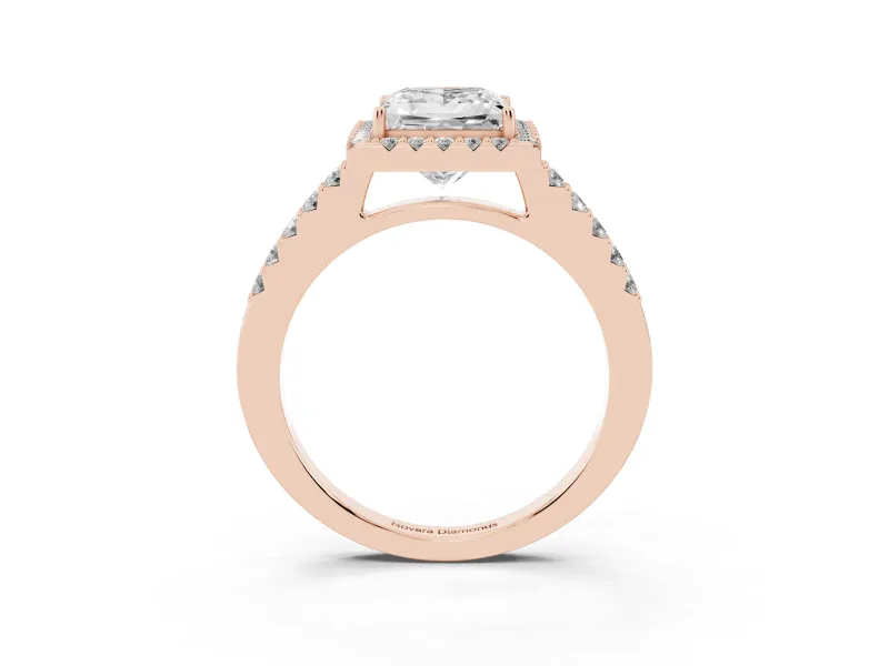 Princess Cut Diamond Halo Pavé Solitaire Ring Set in Rose gold with Prong-Set Center Stone