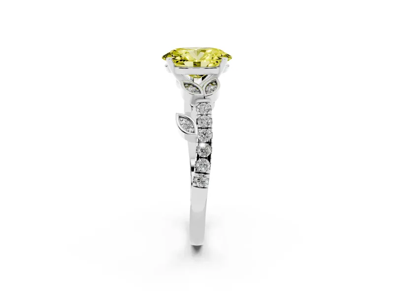 Fancy Yellow Oval Cut Diamond Solitaire Leaf-Inspired Ring Set in Silver with Pavé Band and Prong Setting