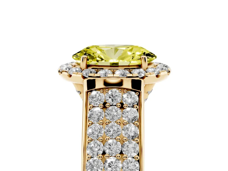 Oval Pavé Engagement Ring Setting for a Fancy Yellow Lab-Grown Diamond | Wide Three-Row Band | Yellow Gold