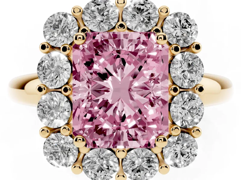 Radiant Cut Cluster Halo Engagement Ring Setting for a Fancy Pink Lab-Grown Diamond | Large Round Accents | Yellow Gold