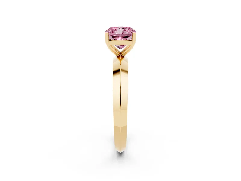 Fancy Pink Cushion Cut Diamond Solitaire Engagement Ring Set in Yellow gold with Flat Band and Prong Setting