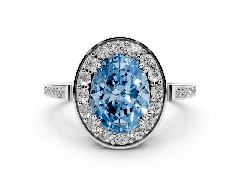 Fancy Blue Oval Cut Diamond Halo Ring Set in Platinum with Accent-Lined Split Shank and Prong Setting