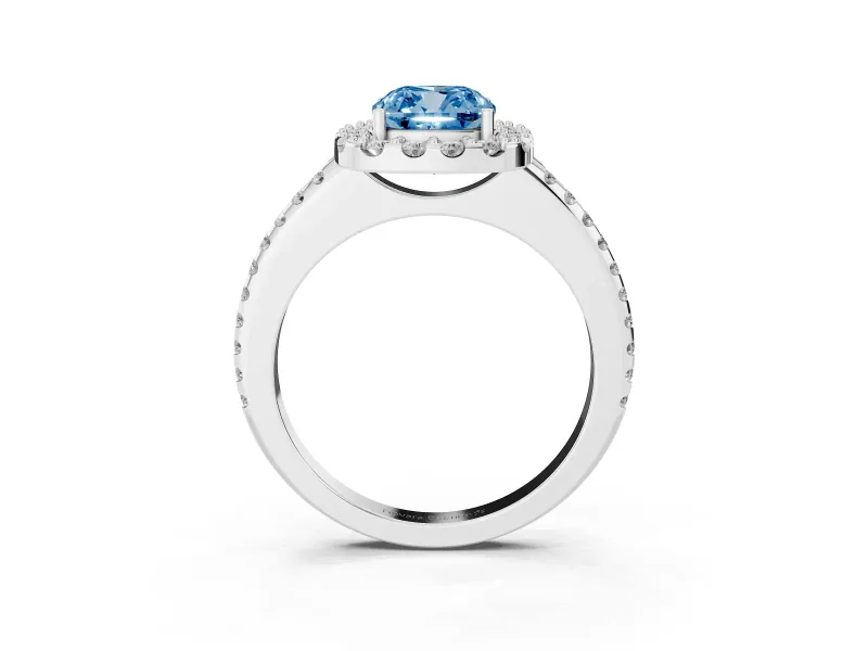 Cushion Cut Pave Halo Engagement Ring Setting for a Fancy Blue Lab-Grown Diamond | Pave Band | Platinum