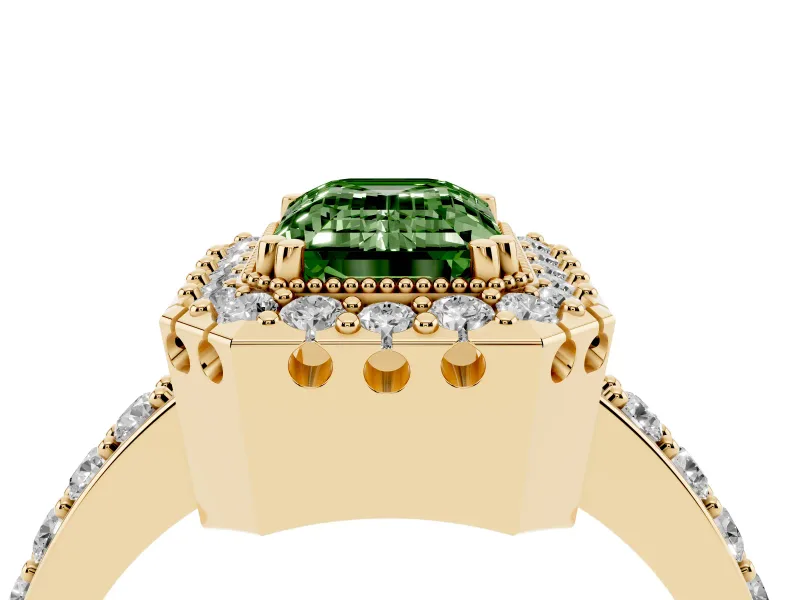 Emerald Cut Milgrain Halo Engagement Ring Setting for a Fancy Green Lab-Grown Diamond | Pavé Shoulders | Yellow Gold