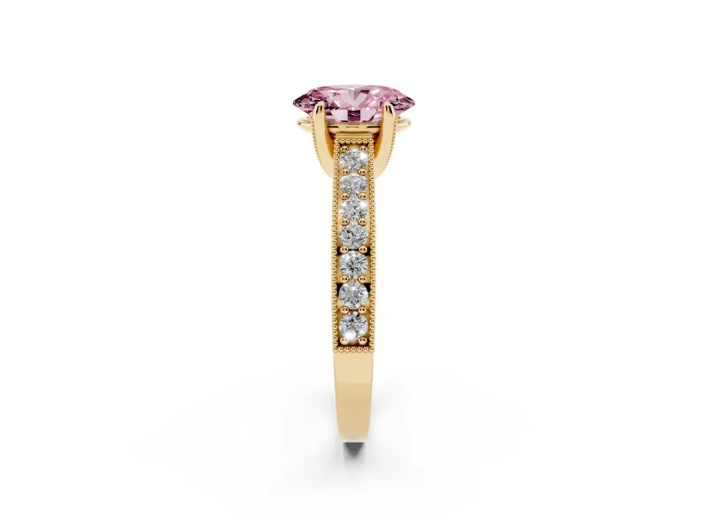 Oval Vintage Hidden Halo Engagement Ring Setting for a Fancy Pink Lab-Grown Diamond | Milgrain Pave Band | Yellow Gold