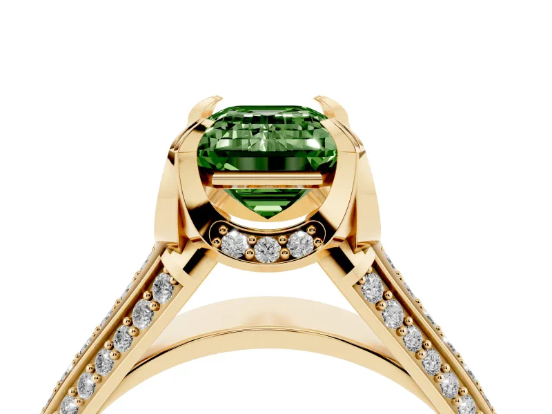 Emerald Cut Hidden Halo Engagement Ring Setting for a Fancy Green Lab-Grown Diamond | Triple Row Pavé Band | Yellow Gold