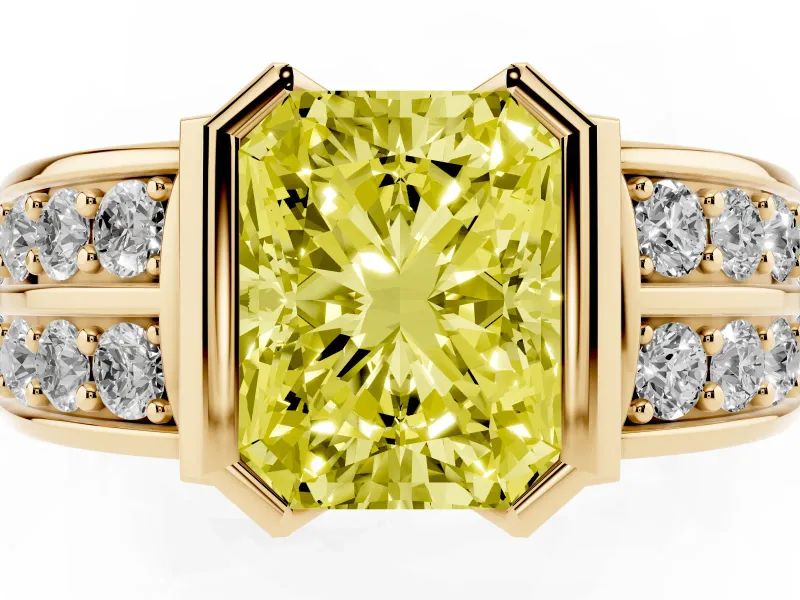Radiant Cut Half Bezel Engagement Ring Setting for a Fancy Yellow Lab-Grown Diamond | Channel Band | Yellow Gold