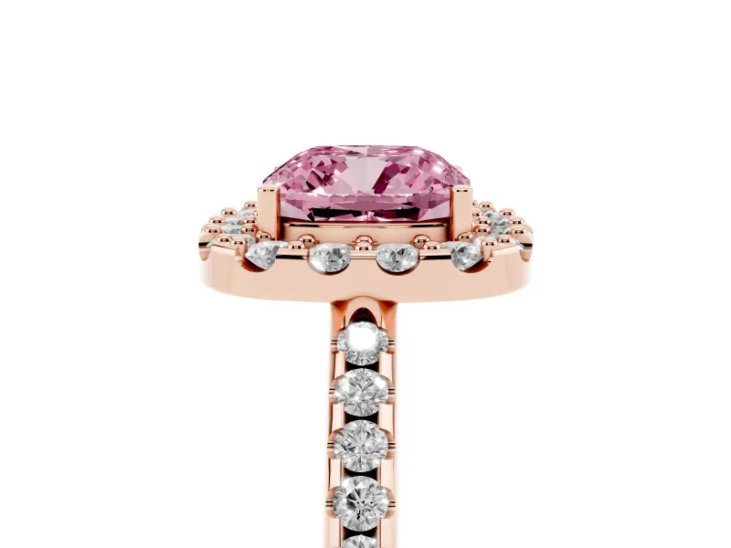 Cushion Cut Pave Halo Engagement Ring Setting for a Fancy Pink Lab-Grown Diamond | Pave Band | Rose Gold