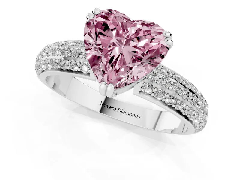 Heart-Shaped Three Row Pave Engagement Ring Setting for a Fancy Pink Lab-Grown Diamond | White Gold