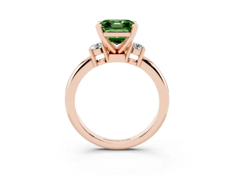 Asscher Cut Three Stone Engagement Ring Setting for a Fancy Green Lab-Grown Diamond | Round Side Stones | Rose Gold