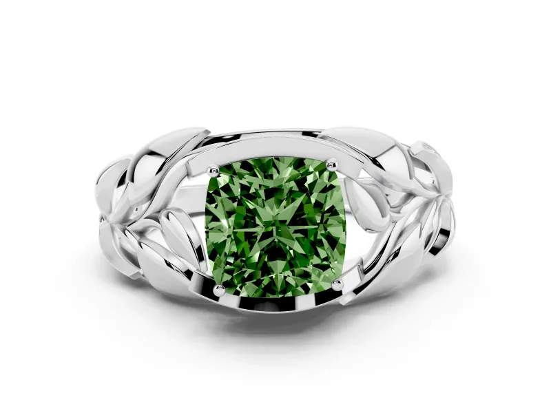 Fancy Green Cushion Cut Diamond Leaf-Inspired Engagement Ring Set in White gold with Round Accents