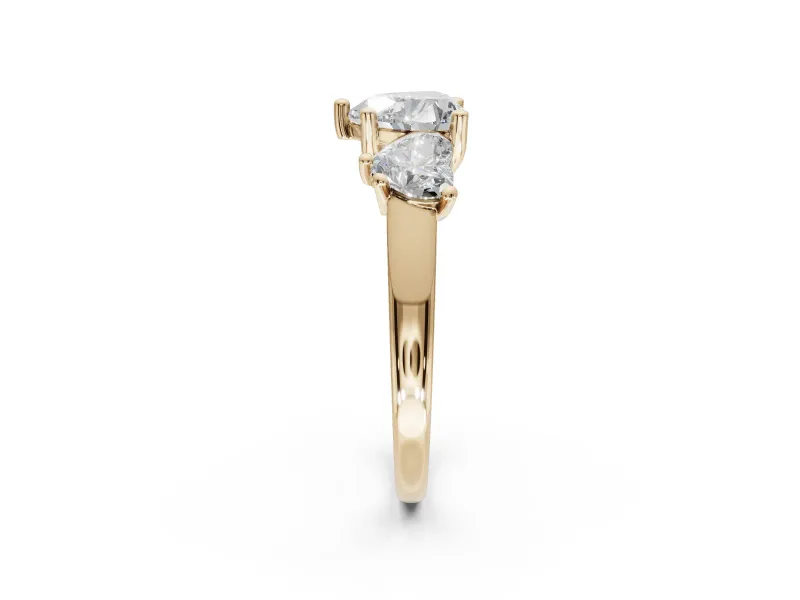 Heart-Shaped Three Stone Engagement Ring Setting | Wide Tapered Shoulders | Yellow Gold
