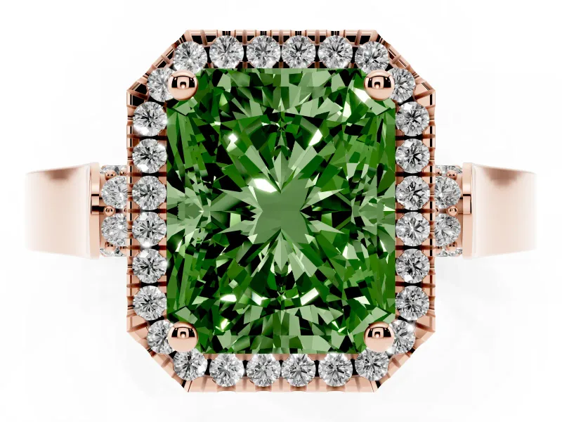 Radiant Cut Halo Engagement Ring Setting for a Fancy Green Lab-Grown Diamond | Pavé Panel Shoulders | Rose Gold