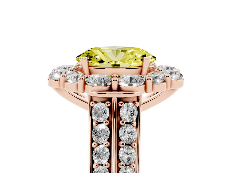 Fancy Yellow Oval Cut Diamond Halo Engagement Ring Set in Rose gold with Split Shank and Prong Setting