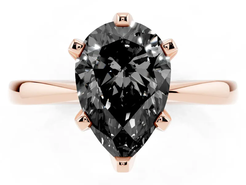 Fancy Black Pear Cut Diamond Solitaire Engagement Ring Set in Rose gold with Slim Tapered Solitaire Band