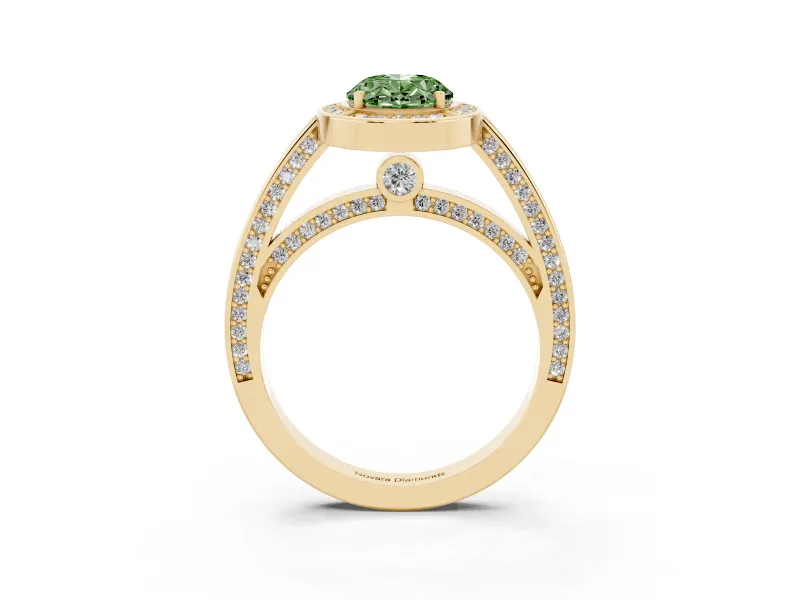 Oval Sectioned Halo Engagement Ring Setting for a Fancy Green Lab-Grown Diamond | Yellow Gold