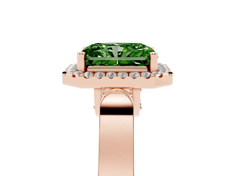 Radiant Cut Halo Engagement Ring Setting for a Fancy Green Lab-Grown Diamond | Pavé Panel Shoulders | Rose Gold