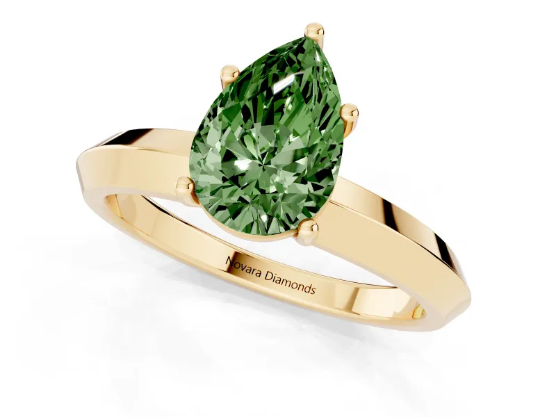 Fancy Green Pear Cut Diamond Solitaire Engagement Ring Set in Yellow gold with Flat Band and Prong Setting