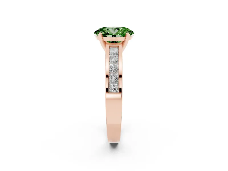Fancy Green Oval Cut Diamond Solitaire Ring Set in Rose gold with Channel-Set Band and Prong Setting