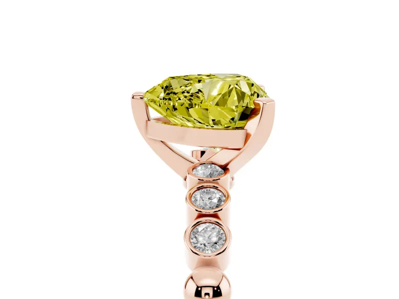 Fancy Yellow Heart Cut Diamond Solitaire Engagement Ring Set in Rose gold with Bezel Accents on Beaded Band