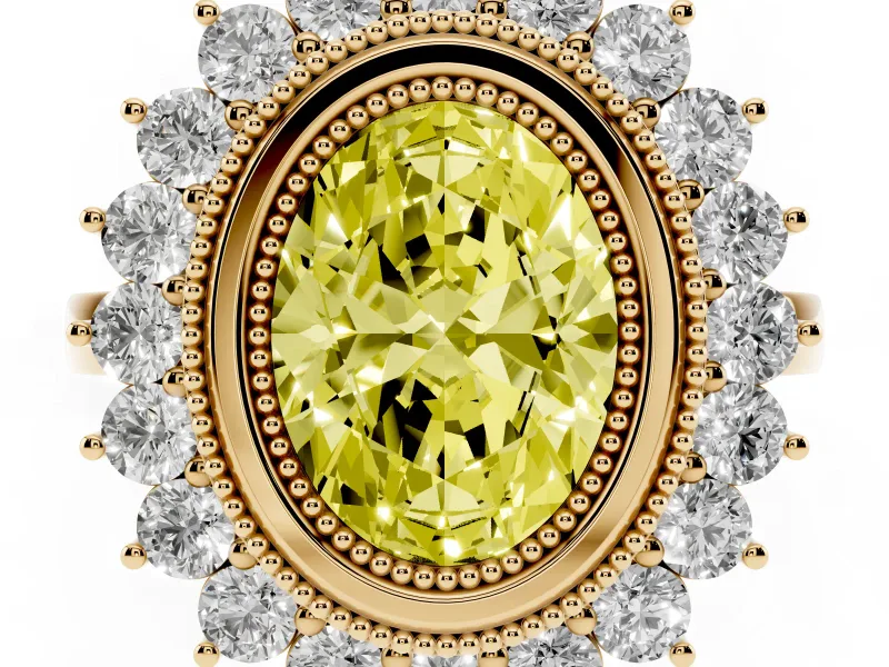 Fancy Yellow Oval Cut Diamond Halo Ring Set in Yellow gold with Milgrain Edge and Round Prong Setting