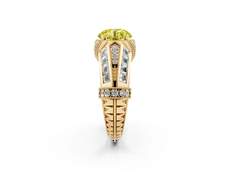 Fancy Yellow Round Cut Diamond Vintage-Inspired Milgrain Ring Set in Yellow gold with Accent Split Shank