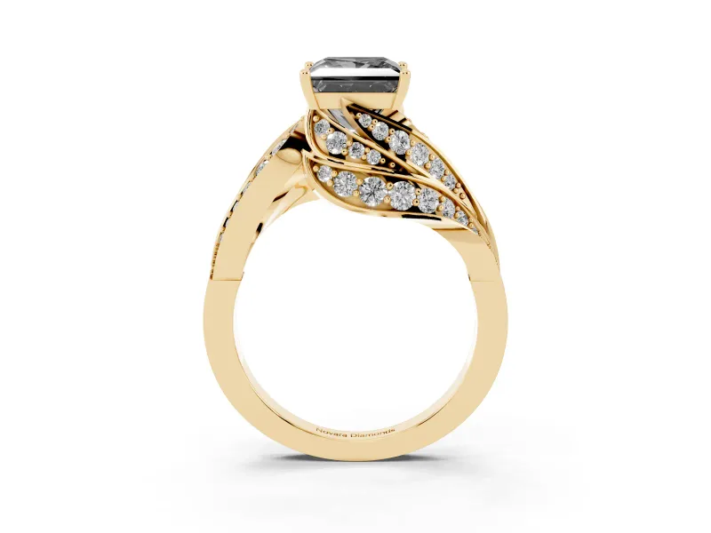 Fancy Black Princess Cut Diamond Solitaire Ring Set in Yellow gold with Layered Twist Pavé Band
