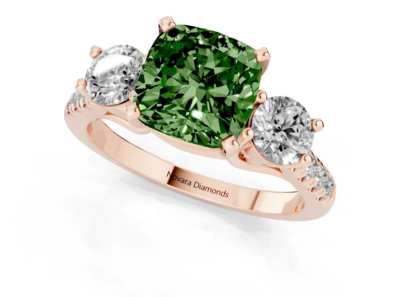 Cushion Cut Three-Stone Engagement Ring Setting for a Fancy Green Lab-Grown Diamond | Rose Gold