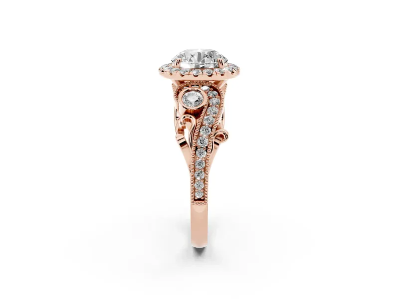 Round Vintage Milgrain Halo Engagement Ring Setting | Bezel Shoulder Accents | Rose Gold