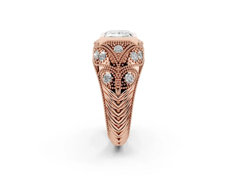 Princess Cut Vintage Bezel Engagement Ring Setting | Beaded Paisley Shoulders | Rose Gold