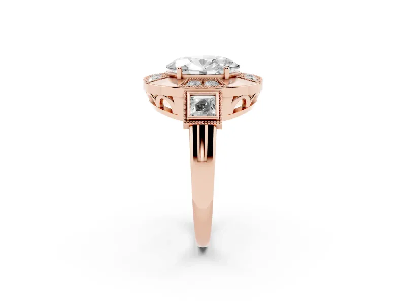 Oval Cut Diamond Milgrain Halo Ring Set in Rose gold with Split Shank