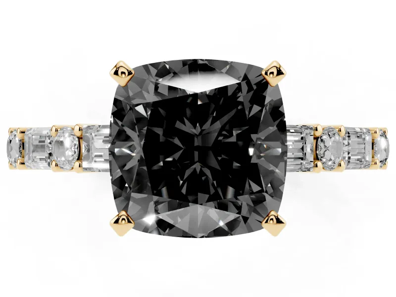 Cushion Cut Baguette Side Stone Engagement Ring Setting for a Black Center | Yellow Gold