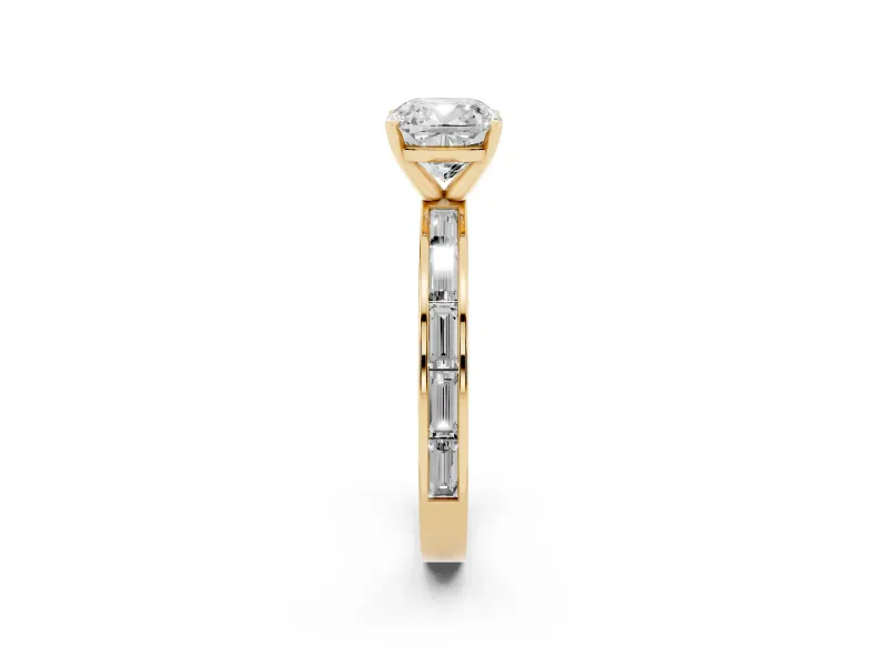 Cushion Cut Diamond Solitaire Ring Set in Yellow gold with Channel-Set Baguette Band and Prong Setting