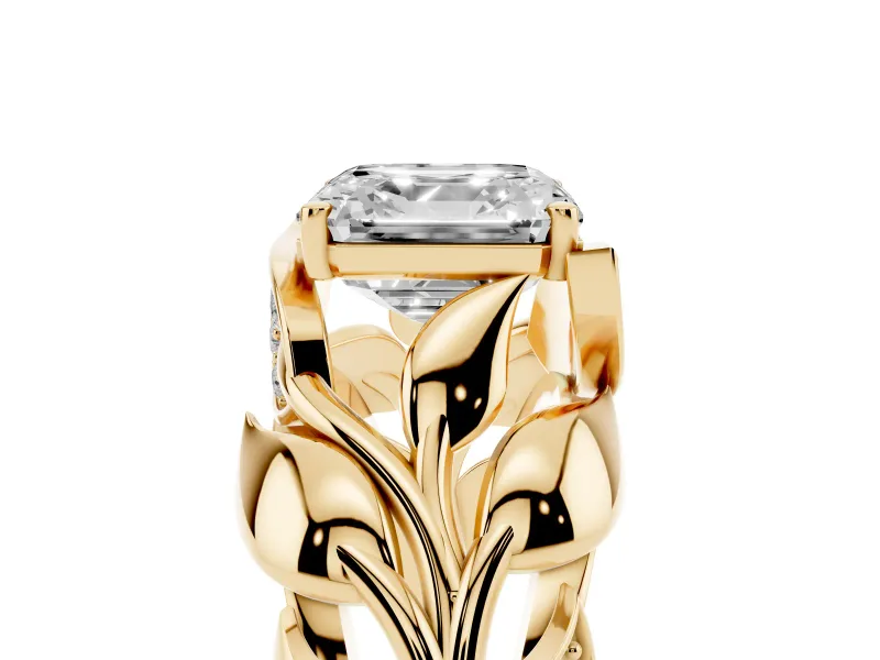 Asscher Cut Leaf Bypass Engagement Ring Setting | Pave Leaf Accents | Yellow Gold