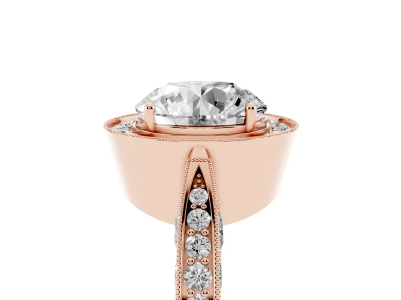 Round Vintage Milgrain Halo Engagement Ring Setting | Side Stones and Pave | Rose Gold