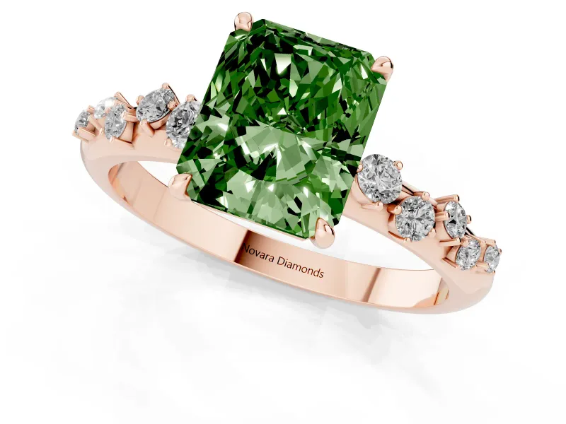 Fancy Green Radiant Cut Diamond Cluster Solitaire Ring Set in Rose gold with Prong Setting