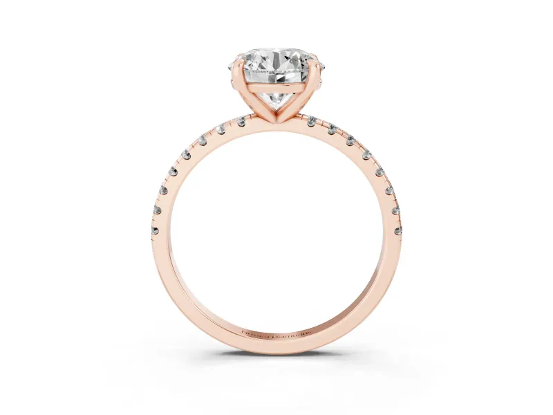Round Cut Diamond Brilliant Solitaire Ring Set in Rose gold with Pavé Band and Prong Setting
