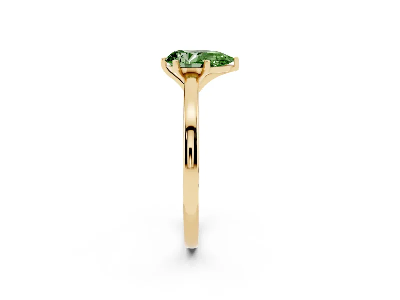 Fancy Green Pear Cut Diamond Solitaire Engagement Ring Set in Yellow gold with Prong Setting on a Classic Band