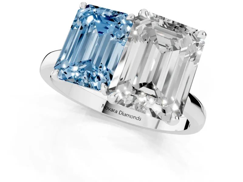 Fancy Blue Emerald Cut and Emerald Cut Toi Moi Ring Set in Platinum with Prong Setting