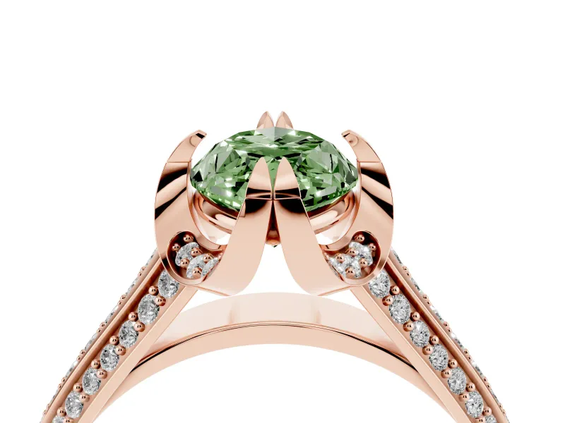 Fancy Green Marquise Cut Diamond Pavé Split Shank Solitaire Ring Set in Rose gold with Prong Setting