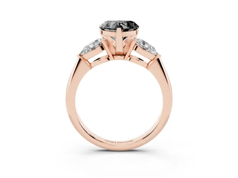 Fancy Black Three-Stone Heart Cut Diamond Ring Set in Rose gold with Pear Side Stones and Prong Setting
