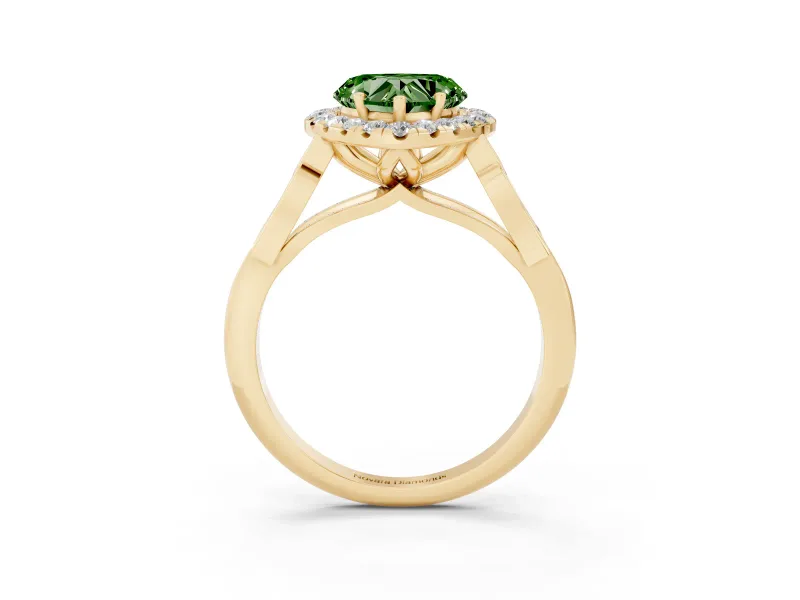 Fancy Green Heart Cut Diamond Halo Engagement Ring Set in Yellow gold with Filigree Band and Prong-Set Center
